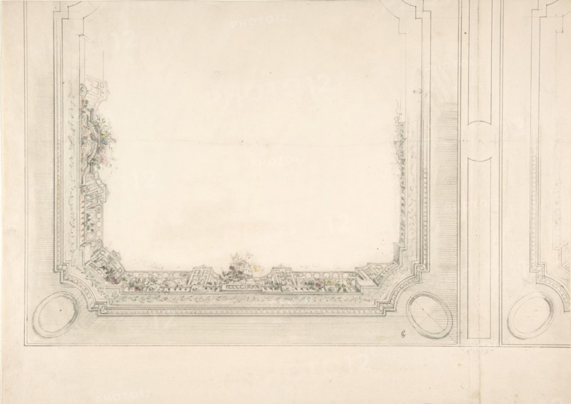 Partial design for a ceiling to be painted with a trompe l'oeil iron railing and roses, second half 19th century.