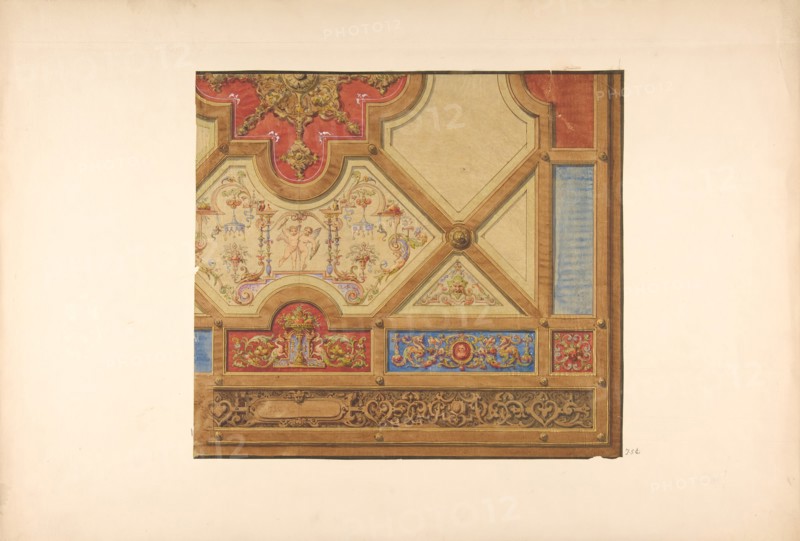 Partial design for the decoration of a ceiling in geometric panels painted with putti, masks., and griffins, 1830-97.