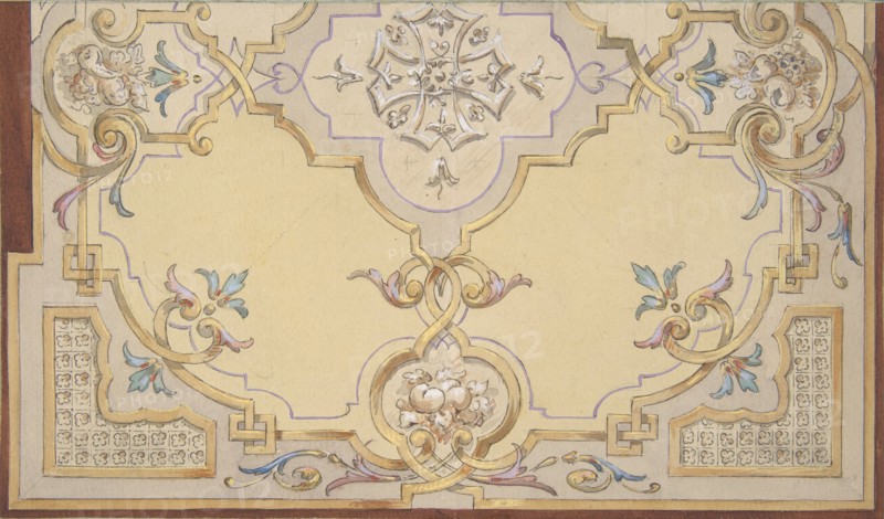 Partial design for the decoration of a ceiling with scrolls and swags of fruit, 1830-97.