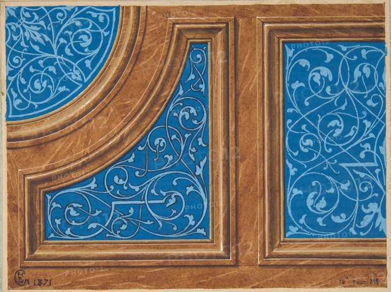 Partial design for wood paneling inlaid with painted panels, 1871.