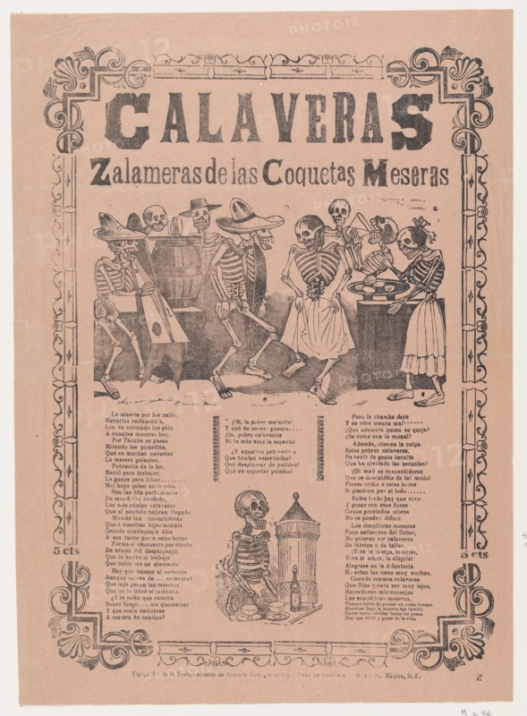 Skeletons (calaveras) dancing and drinking, corrida in bottom section, Ca. 1910.