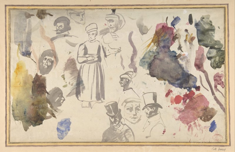 Studies of male heads and a standing male figure, .