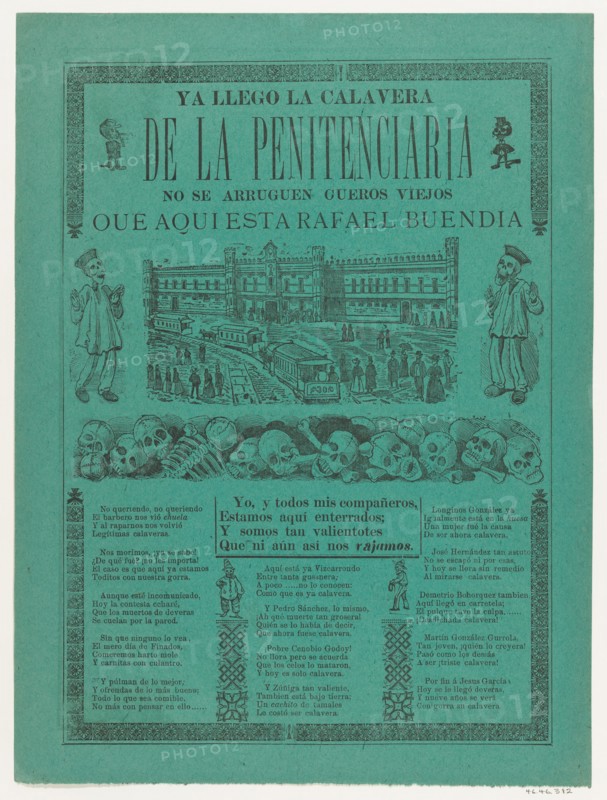 The arrival of the skeletons of the penitentiary (Posada); two skeleton angels in lower corners of verso (Manilla), 1902.