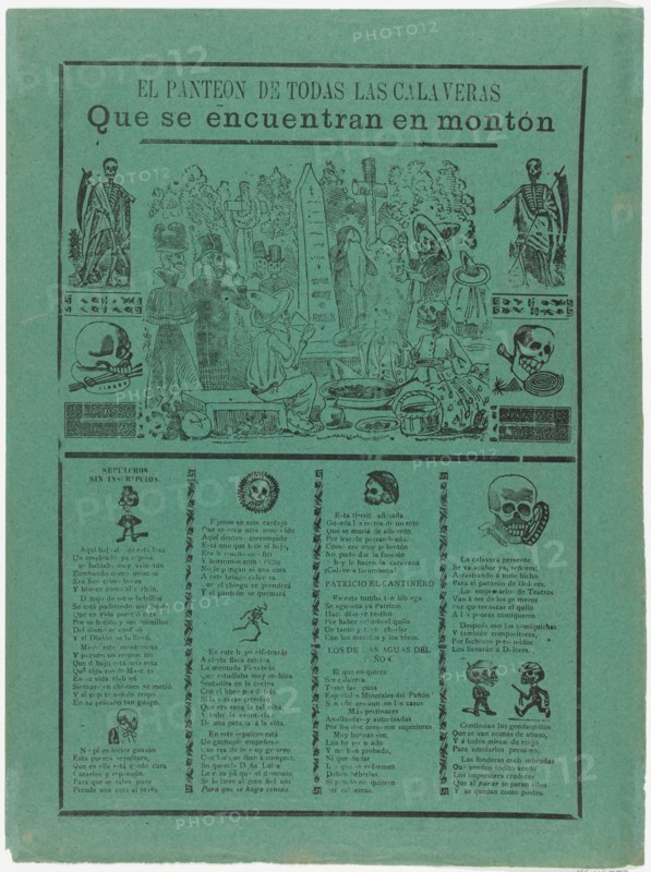 The pantheon of all the skeletons who are eating and drinking in a cemetery (Posada); flanked by skeletons holding scythes (Manilla), 1905.