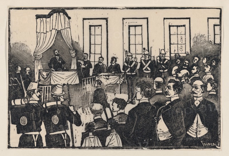 The trial of the killers of Tomas Hernandez Aguirre, [Nevraumont, Treffel, Sousa and Caballero?] from a broadside entitled 'El jurado de los asesinos del Sr. Tomás Hernández Aguirre. Defensa de los reos. La sentencia. Actitud de los criminales', ca. 1890-1891.