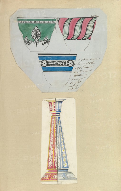 Three Designs for Decorated Cups and Two Designs for a Candlestick, 1845-55.
