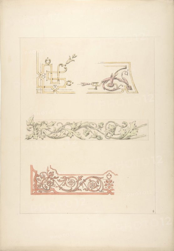 Three designs for decorative borders, 1830-97.