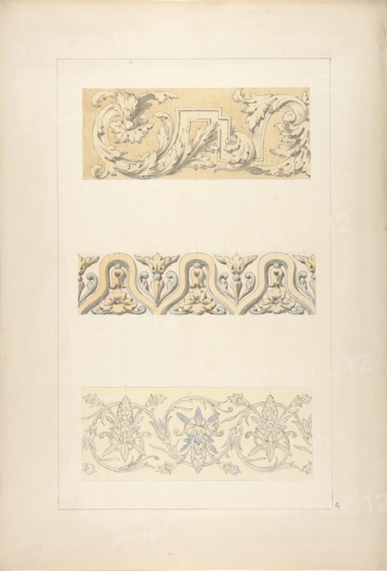 Three designs for decorative borders, 1830-97.