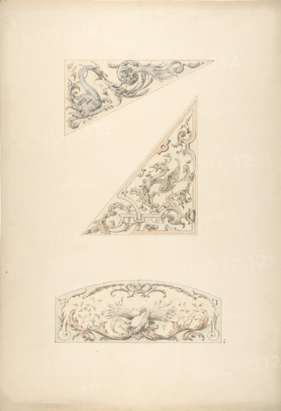 Three designs for painted decorative motifs featuring griffins and scrollwork, 1830-97.