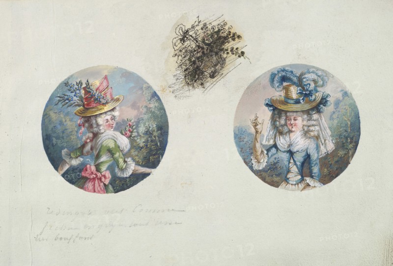 Two Costume Designs or Portrait Types of Two Women with Straw Hats, ca. 1785-90.