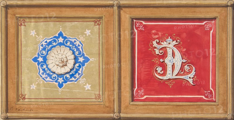 Two alternative designs for the painted decoration of a panel (one with the intertwined initials CL), 19th century.