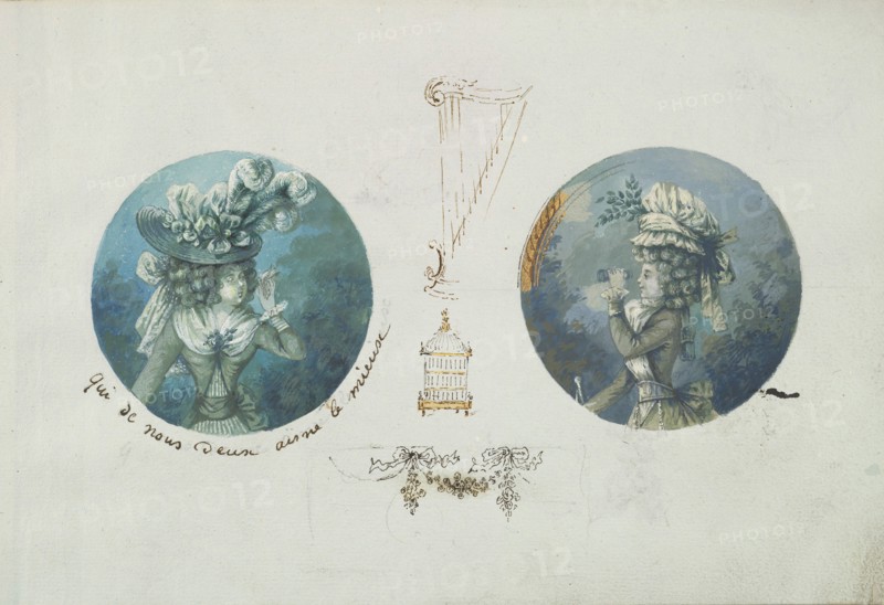 Two Costume Designs or Portrait Studies. Woman with a Bird and a Woman with Binoculars, ca. 1785-90.