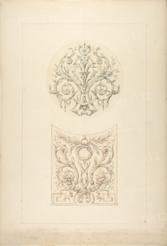 Two designs for decorative motifs featuring cornucopia and rinceaux, 1830-97.