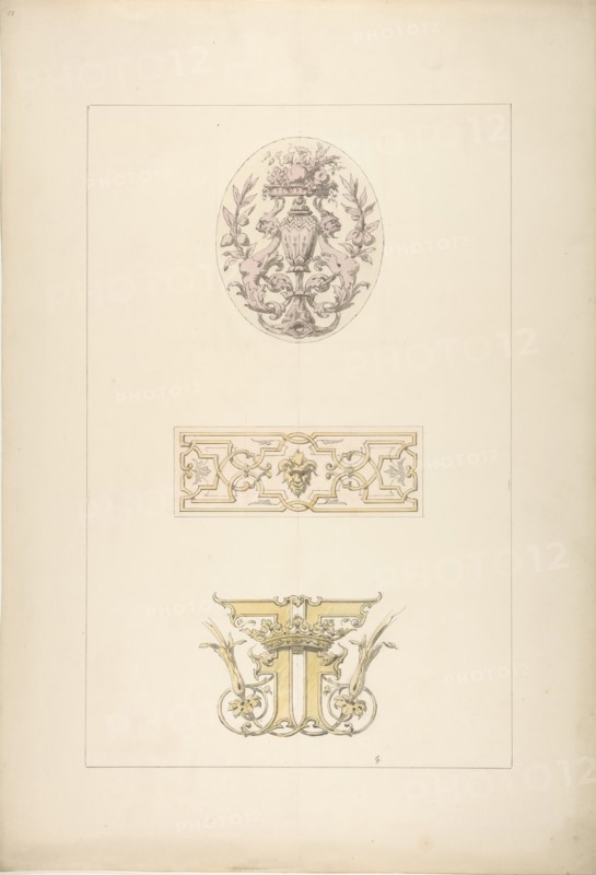 Two designs for decorative panels and one design for an ornamental monogram with a crown and the initials: FF, 1830-97.