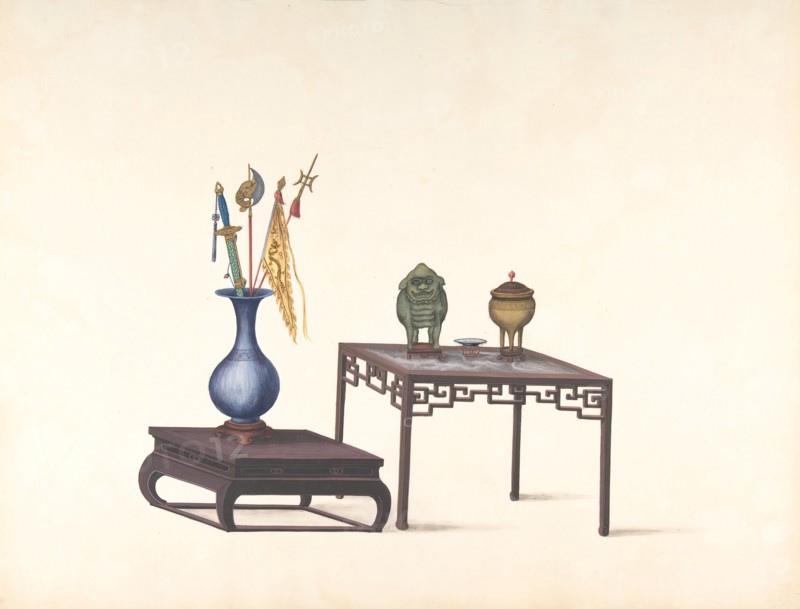 Two Tables, One Low with Large Vase and Objects, One Higher with Covered Pot, Lion and Small Bowl, 19th century.