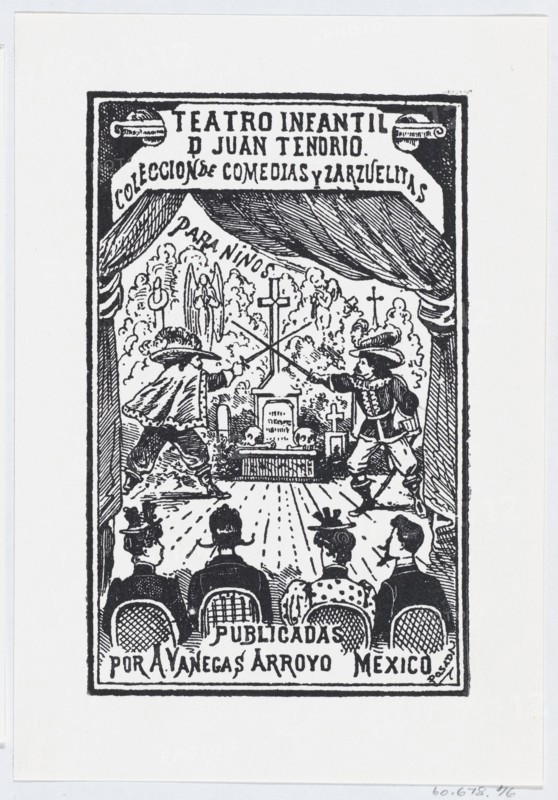Two men dueling on a stage in front of an audience, illustration for 'Teatro Infantil de Juan Tenorio,' published by Antonio Vanegas Arroyo, ca. 1880-1910.