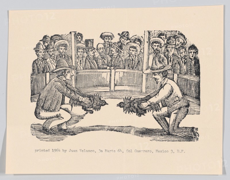 Two men in an arena holding cocks in preparation for a fight, spectators around the perimeter, ca 1890-1910 (reprinted 1964).