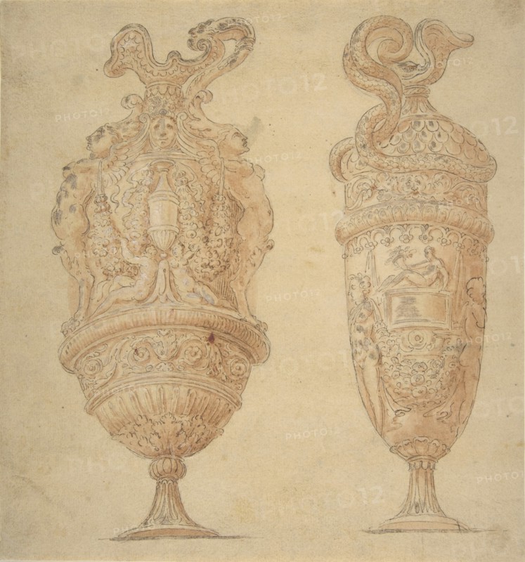 Two Urns Decorated with Human Figures, Animals and Garlands., n.d..