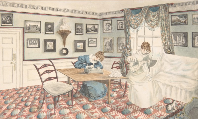 Two young women writing and sewing in an interior at Hatton, Warwickshire, 1820-30.