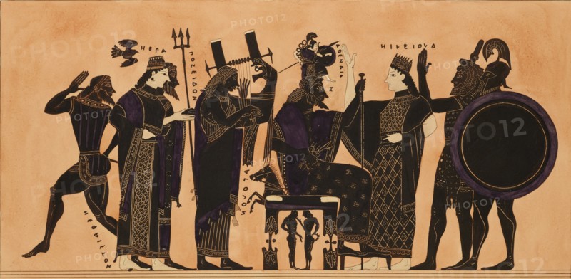 Print of the Decoration on a Greek Amphora, showing Hephaestus, Hera, Poseidon, Apollo, Zeus, Athena, Eileithyia, Heracles and Ares, c1844.