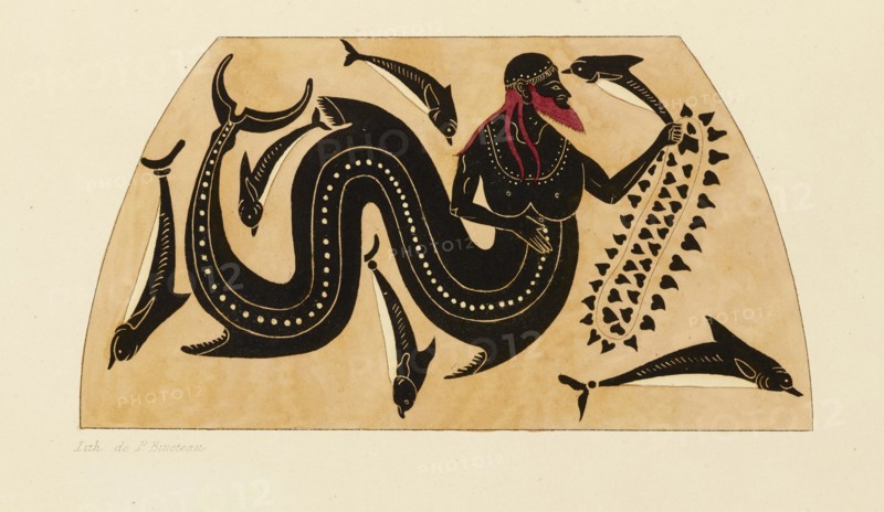 Print of the Decoration on a Greek Amphora, showing Poseidon accompanied by Dolphins, c1858.