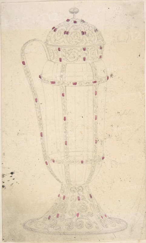 Crystal Vessel with Ornamented Metal Lid, Foot, Handle and Mounts, second half 19th century.