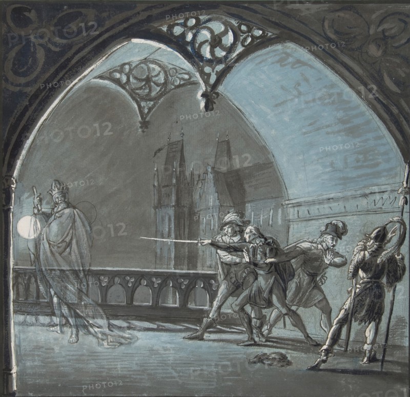 The Ghost of the King Appearing to Hamlet, Horatio and Guards (Hamlet, Act 1, Scene 4), 19th century.
