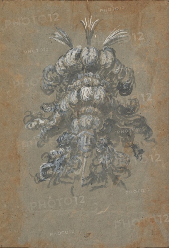 Design for a Lavish Headdress with Feathers on a Helmet (frontal view), ca. 1620-56 .