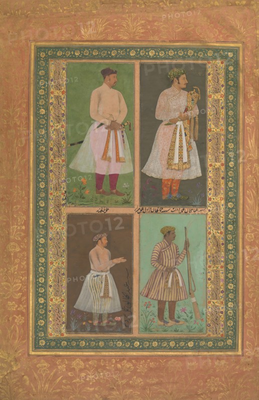 Four Portraits: (upper left) A Raja (Perhaps Raja Sarang Rao), by Balchand; (upper right) 'Inayat Khan, by Daulat; (lower left) 'Abd al-Khaliq, probably by Balchand; (lower right) Jamal Khan Qaravul, by Murad, Folio from the Shah Jahan Album, recto: ca. 1610-15; verso: dated 1541.