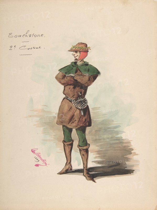 Costume Design for "Touchstone" [a]; Descriptive Sheet of Costume and Accessories [b], 1889.