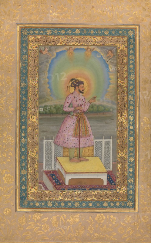 Shah Jahan on a Terrace, Holding a Pendant Set With His Portrait, Folio from the Shah Jahan Album, recto: 1627-28; verso: ca. 1530-50.