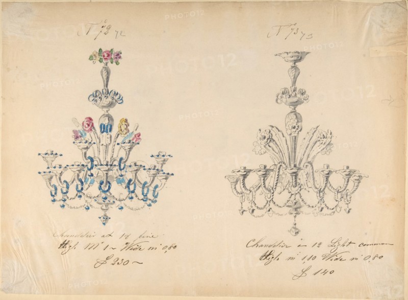 One of Twenty-Three Sheets of Drawings of Glassware (Mirrors, Chandeliers, Goblets, etc.), 1850-80.