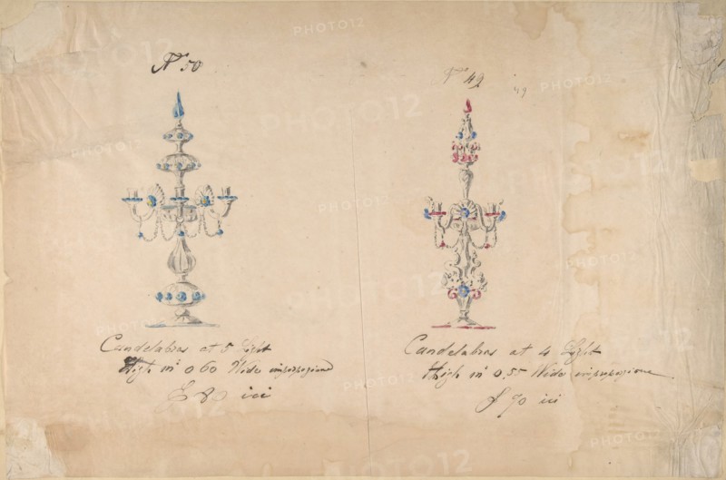 One of Twenty-Three Sheets of Drawings of Glassware (Mirrors, Chandeliers, Goblets, etc.), 1850-80.
