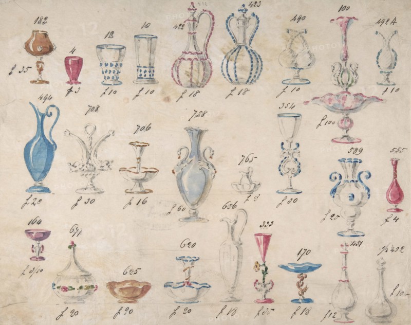One of Twenty-Three Sheets of Drawings of Glassware (Mirrors, Chandeliers, Goblets, etc.), 1850-80.
