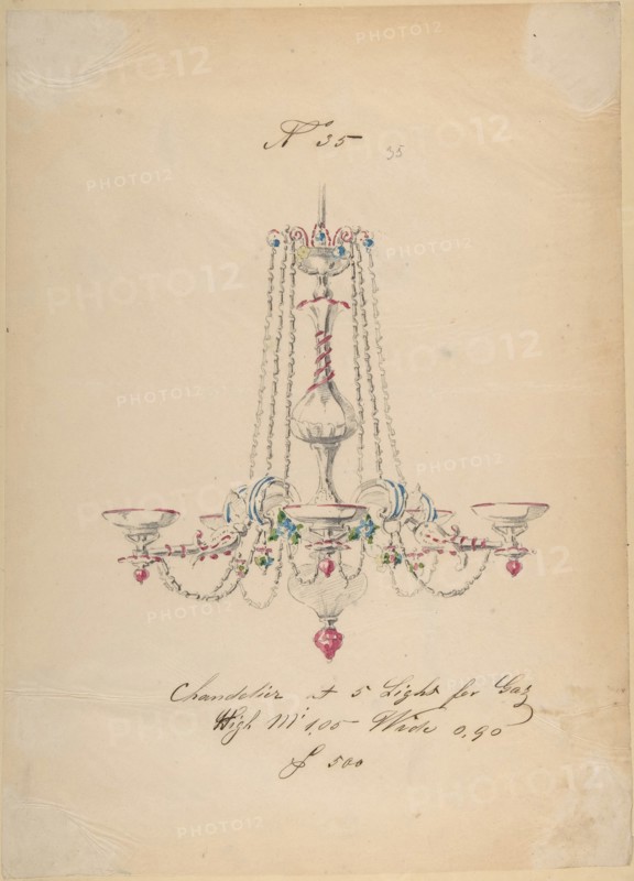 One of Twenty-Three Sheets of Drawings of Glassware (Mirrors, Chandeliers, Goblets, etc.), 1850-80.
