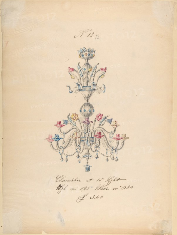 One of Twenty-Three Sheets of Drawings of Glassware (Mirrors, Chandeliers, Goblets, etc.), 1850-80.