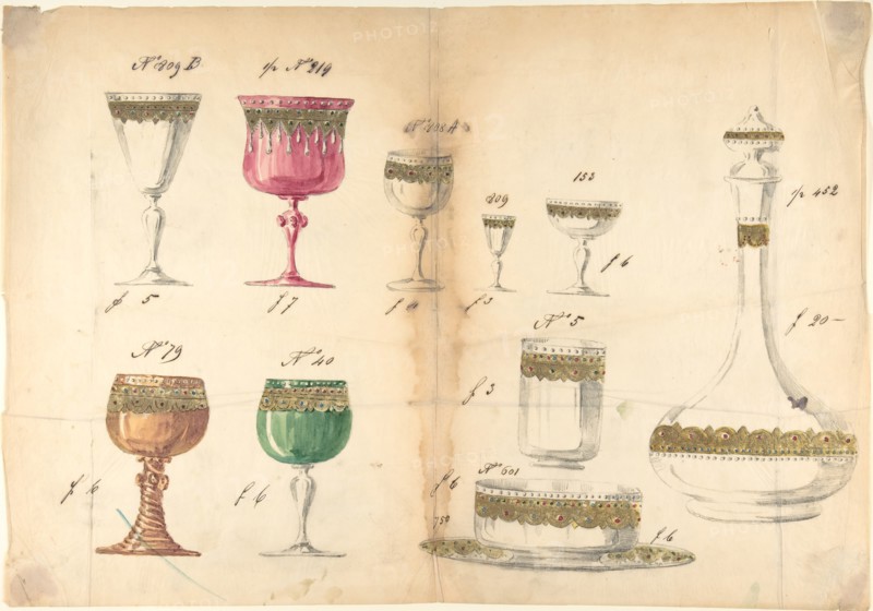 One of Twenty-Three Sheets of Drawings of Glassware (Mirrors, Chandeliers, Goblets, etc.), 1850-80.