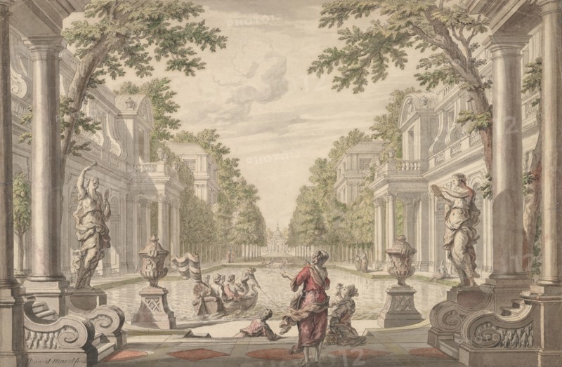 View of a Palace Garden with a Central Pond Surrounded by Classical Architecture (Tapestry or Stage Design?), ca. 1700-1720 .