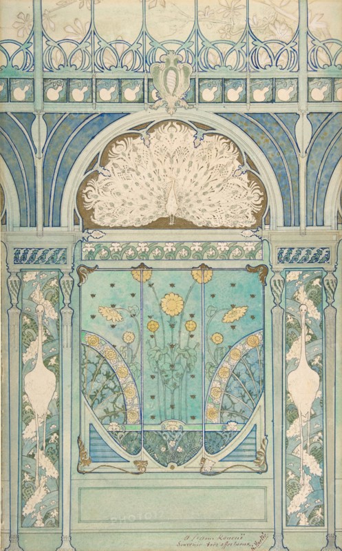 Design for a Wall Decoration with Peacock, Cranes, and Sunflowers for the Restaurant in Hotel Langham (Paris), 1896-98.
