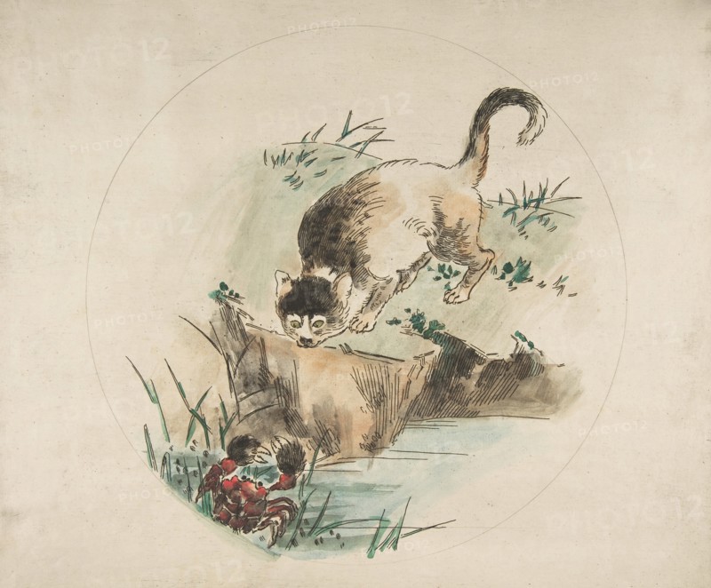 Decoration for a Plate: A Cat Hunting a Crab, 1850-1914.