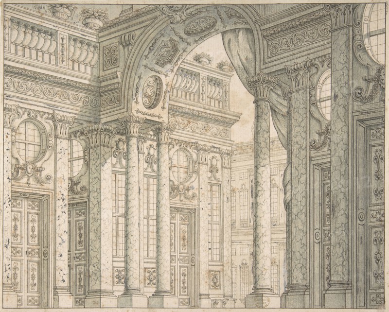 Design of a Perspective for a Stage Set with Courtyard and Triumphal Arch., ca. 1675-1743.