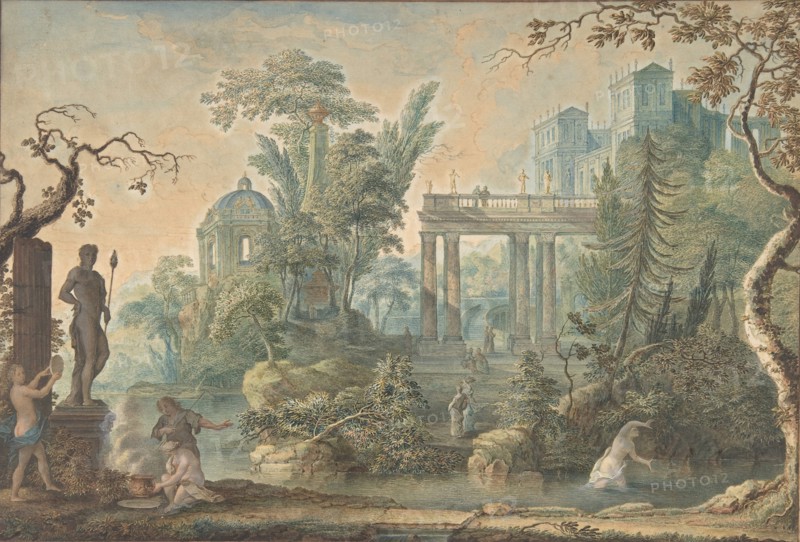 Arcadian Landscape with several Figures and a Statue of Apollo, 18th century.