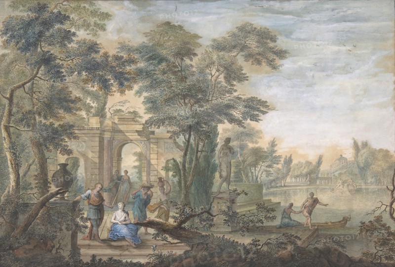 Arcadian Landscape with several Figures and a Statue of Diana, 18th century.