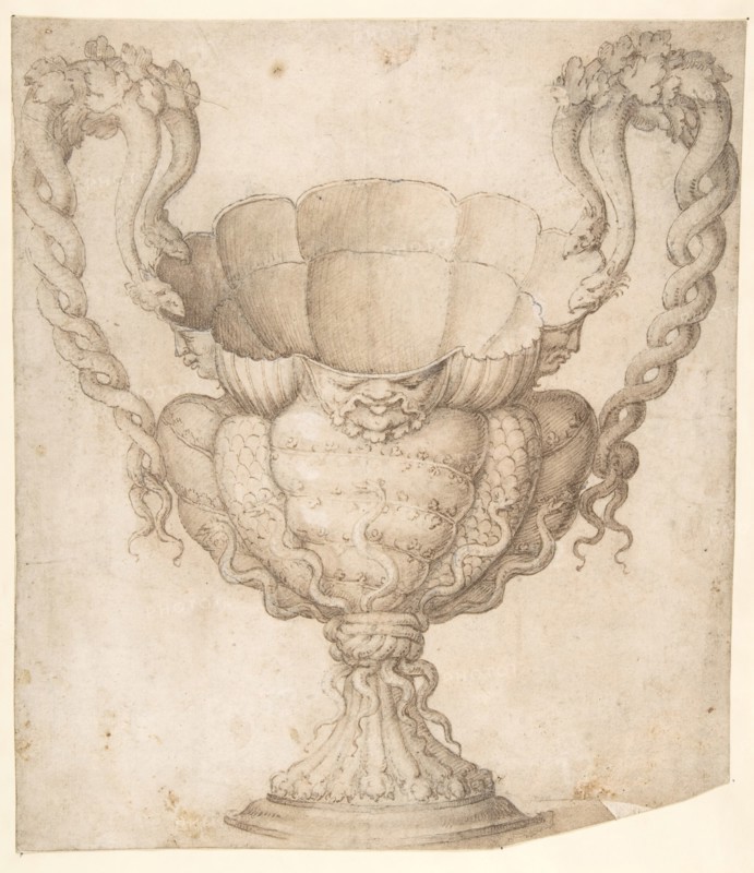 Design for a Decorated Drinking Cup with Floriated Heads around Large Mouth, Intertwined Serpents as Handles, n.d..