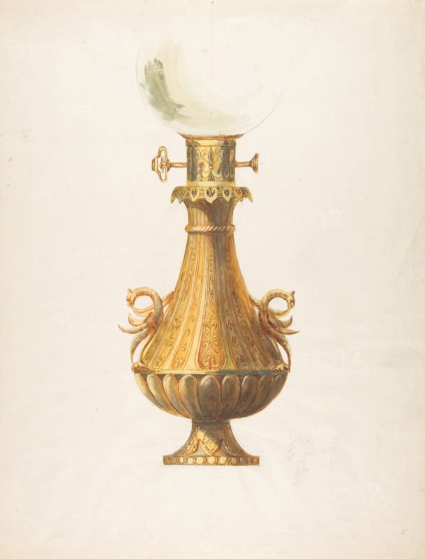Design for a Gas Lamp with Gilt Base and Glass Globe, 19th century.