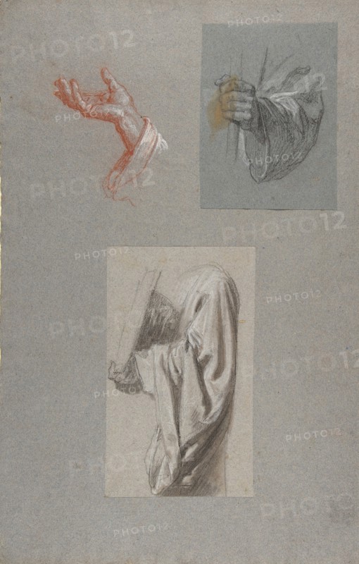 a. Hand of Saint Remi; b. Hand of Saint Remi; c. Drapery Study for Acolyte Holding Book (middle register); (studies for wall paintings in the Chapel of Saint Remi, Sainte-Clotilde, Paris, 1858), 19th century.