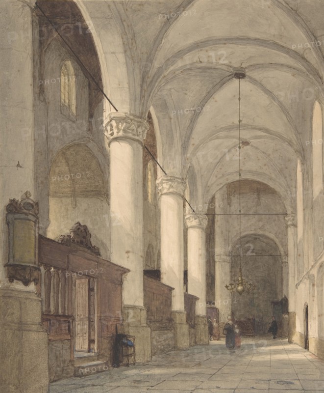 Vaulted Side Aisle of a Church, with Figures, 19th century.