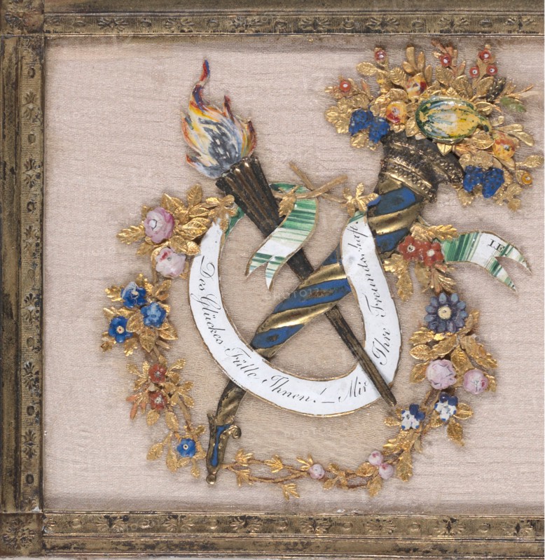 Greeting Card: elegant embellishments of cornucopia and flaming torch, symbolic of marriage; gold framed collage on silk chiffon; gouache, metallic paint, metallic foil, and embossed and punched paper, 1810.