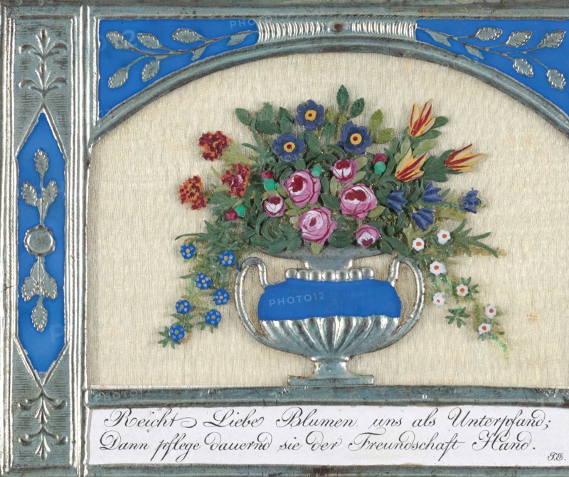 Greeting Card: silver embossed paper frame, engraved motto on white card stock, silk chiffon, silver 'Dresden' urn scrap, tiny floral embellishments made of a clay-like material, watercolor, and graphite, 1821.