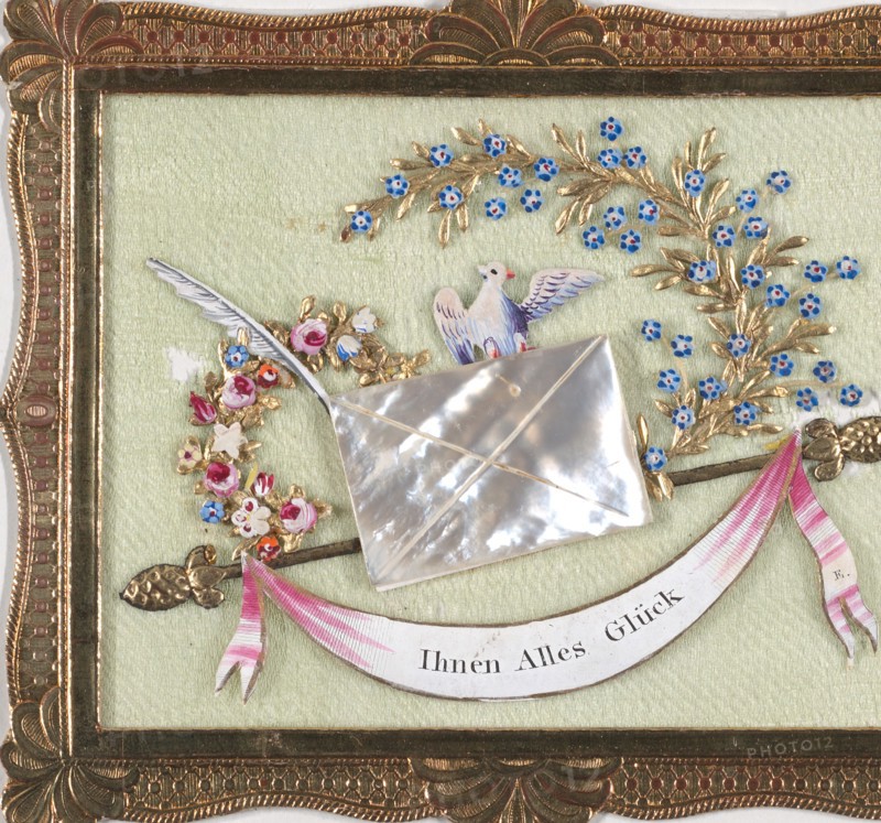 Greeting Card: gold framed collage on silk, a gold rod with doves, an envelope made of mother-of-pearl, and a writing plume; gouache, metallic paint, metallic foil, embossed and punched paper, and carved and painted mother of pearl on silk, 1810.